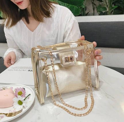 2019 Summer Fashion New Handbag High quality PVC Transparent Women bag Holographic Square Phone bag Chain Shoulder bag#K20